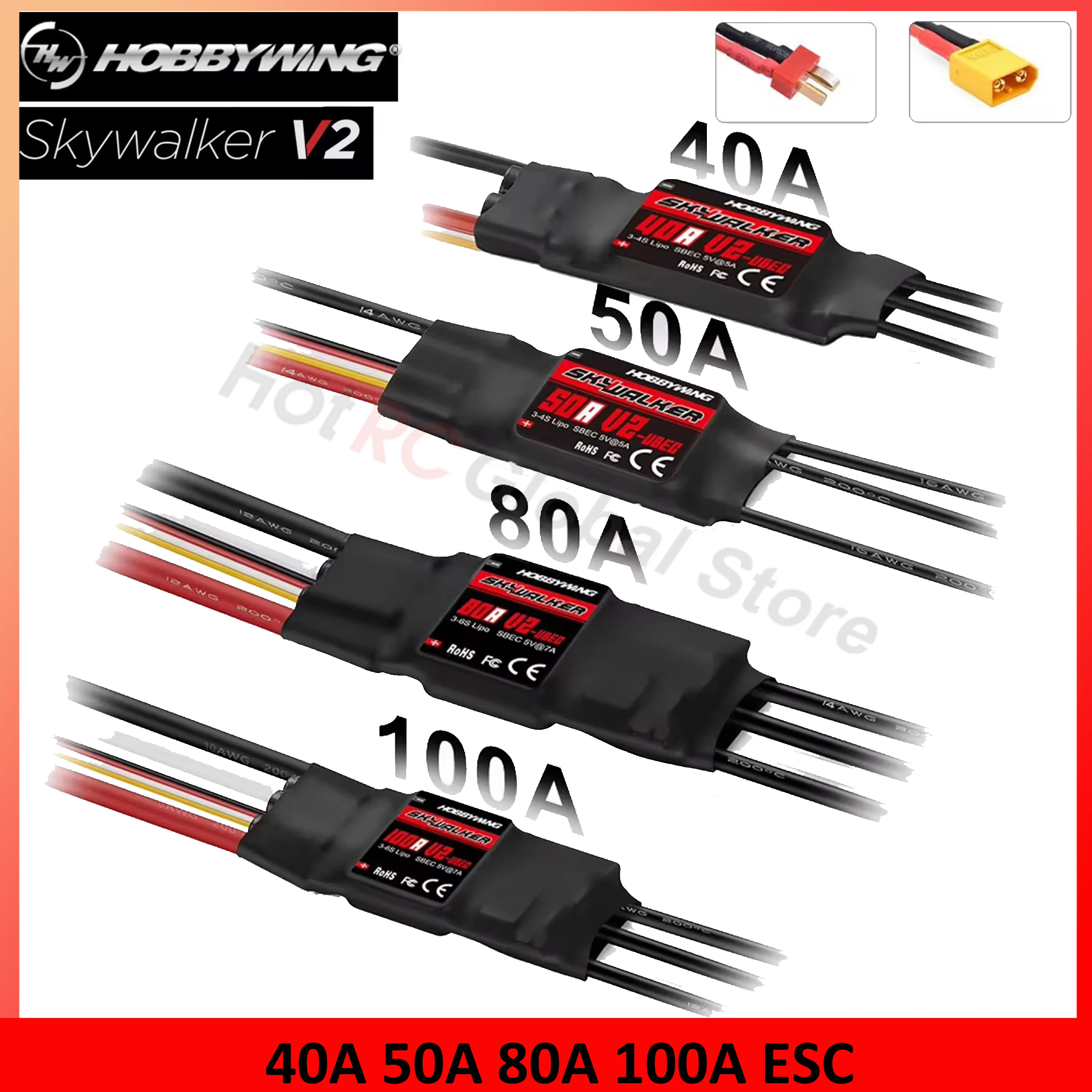 Rc Hobby Wing - Hobbywing-Skywalker escスピードコントローラー,rc fpvドローン,クワッドコプター飛行機,v2シリーズ,40a,50a,80a,100a,t xt60プラグ