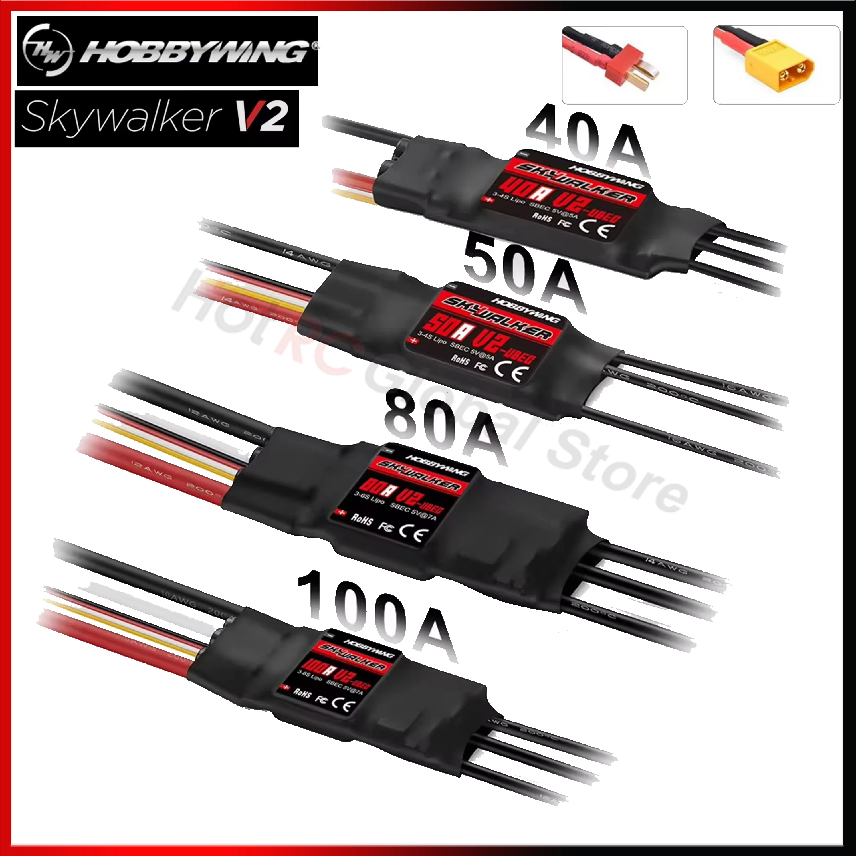 Rc Hobby Wing - Hobbywing-skywalker escスピードコントローラー,rc fpvドローン,クワッドコプター飛行機,v2シリーズ,40a 50a 80a 100a,txt60プラグ用